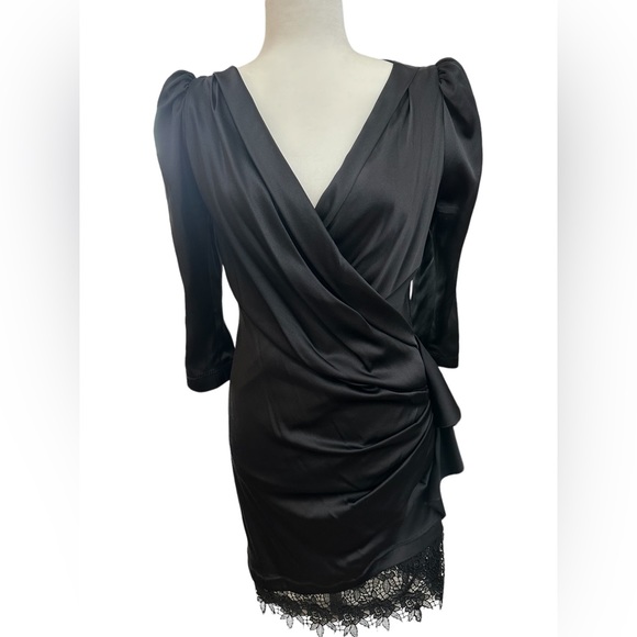 Yoana Baraschi Black Faux Wrap Silk Blend Dress with Lace - Picture 8 of 9